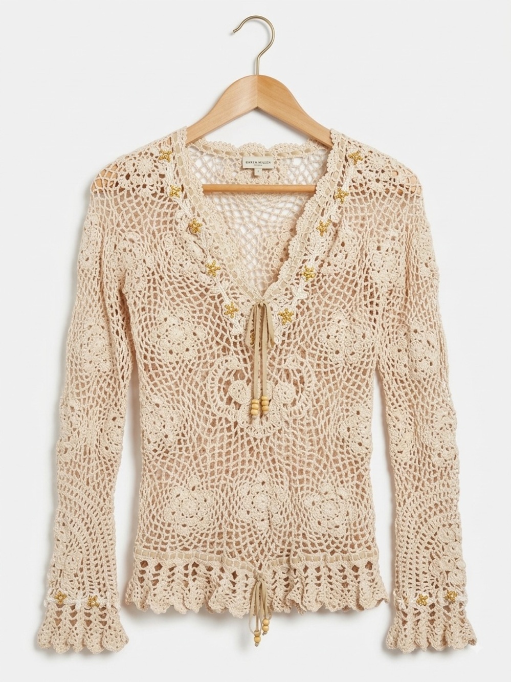 Vintage Karen Millen Beige Crochet V-Neck Sweater